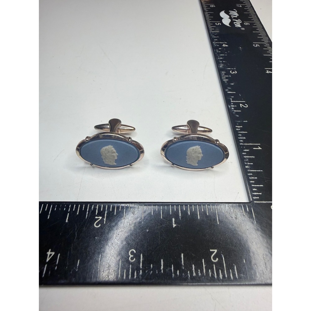 Wedgwood Blue Jasperware Cufflinks Gold Tone Roman Cameo Vintage Accessory